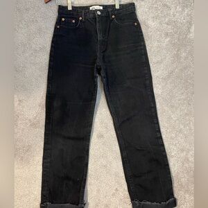 Zara|| Black Distressed Straight Leg Jeans with a raw hem. Size 4